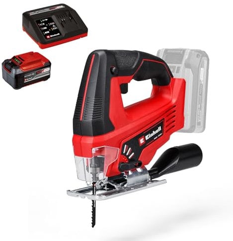 Einhell Scie sauteuse sans fil TC-JS 18 Li Power X-Change (grande stabilité de fonctionnement, mouvement pendulaire activable, attache de lame universelle sans outil) avec Chargeur et Batterie 5,2Ah