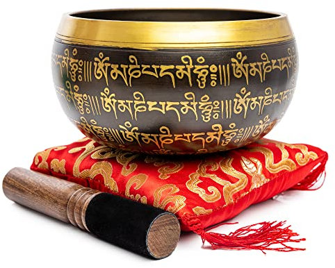 Tibetan Singing Bowl Set - Easy To Play Authentic Handmade For Meditation Sound 7 Chakra Healing By Himalayan Bazaar (Black & Red)