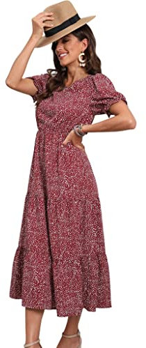 GRECERELLE Womens Summer Midi Dress Floral Print Boho Dress Ruffle Puff Sleeve High Waist A-Line Casual Boho Cocktail Holiday Beach Long Dress for Ladies (LD Red White Dots, M)