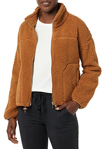 Amazon Essentials Giacca da Donna in Pile Sherpa con Cerniera e Collo Alto, Marrone Scuro, Taglia L