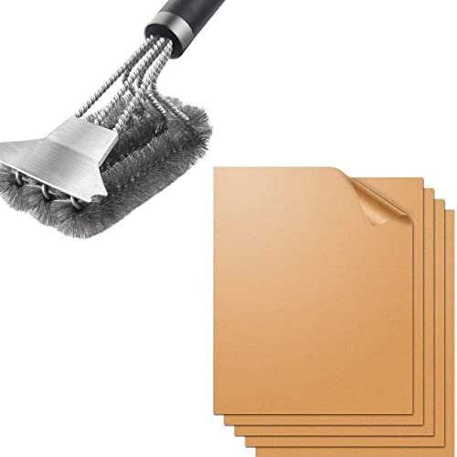 JSvsa Copper Grill Mat and Grill Brush Non Stick BBQ Grill & Baking Mats - Reusable, Easy to Clean - PTFE Teflon Fiber Grill Roast Sheets for Gas/Charcoal Grilling Grates, Copper