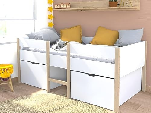 Vente-unique-Halbhochbett mit 2 Schubladen + Matratze - 90 x 190 cm - Weiß & Eiche - Sissy