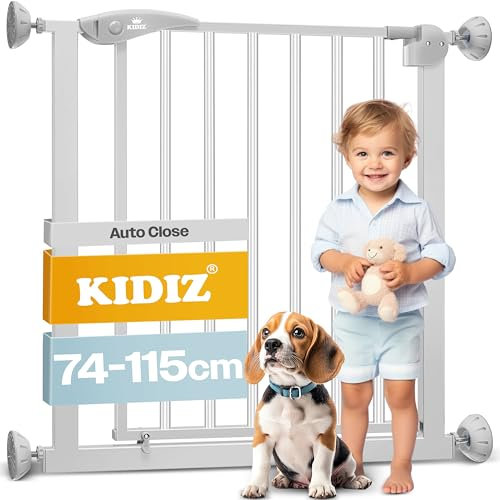 KIDIZ Schutzgitter für Treppen | Tür, Auto Close Kindertreppengitter ohne Bohren | 90° Stop, Absperr Türschutzgitter, schwenkbare Trennwand, Treppenschutzgitter, Klemmen, Grau, Breite: 102-115 cm