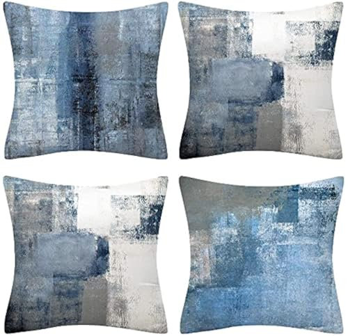 TIAODIAN Kissenbezug 45x45 Blau Grau Kissenbezüge Leinen Kissenhülle Dekokissen Sofakissen Zierkissen Couchkissen für Sofa Stuhl Bett Garten Outdoor Kissen 4er Set