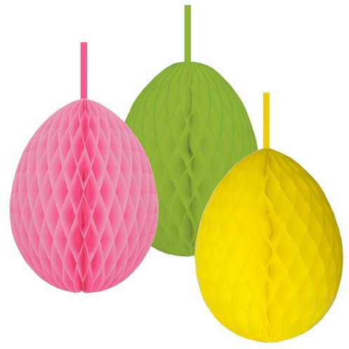 Ostereier aus Wabenpapier 3er Set pink, gelb, zum Hängen 70 cm hoch Osterdeko, Decken-Dekoration