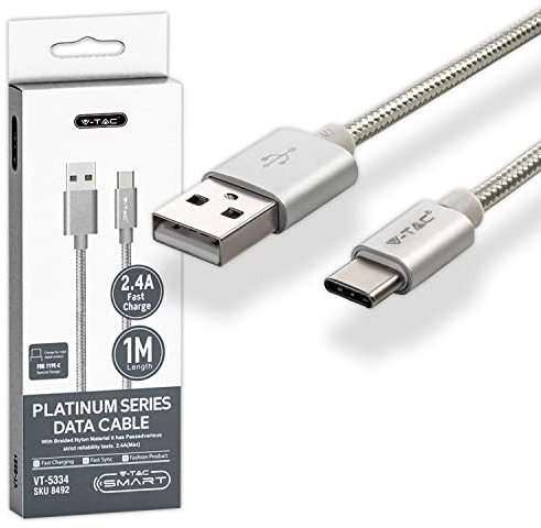 V-TAC Cable USB-C a USB A de 1 metro para Smartphone, Ordenador, Tableta, Cable Type-C para Carga Rápida 2.A y Transmisión de Datos - Compatible con Apple Huawei y Samsung - Plata