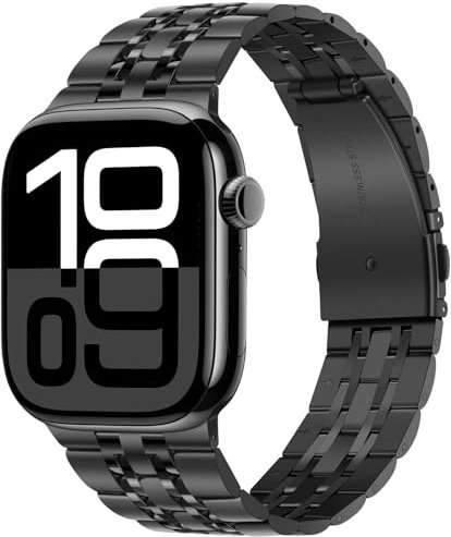 Tasikar Kompatibel mit Apple Watch Armband 49mm 46mm (Series 10) 45mm 44mm 42mm Massives Edelstah Metall Herren Damen Band Kompatibel mit Apple Watch SE Series 10 9 8 7 6 5 4 3, Schwarz