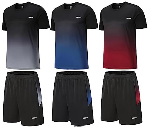 SIENDIU Herren-Workout-Sets, sportliche Kleidung, Fußball-Shirts, Shorts, 3er-Pack, Basketball, Laufen, Fitnessstudio, Fußball, Outfits für den Sommer, Grau-blau-rot, Small