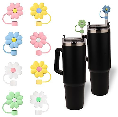 8St Strohhalm Abdeckungen Silikon, Blumen-Stil Wiederverwendbar Stroh Staubschutz Strohspitzen Deckel, für Monkle Stanley Strohhalme und Strohhalme mit 8-10cm Durchmesser (8 Farben)