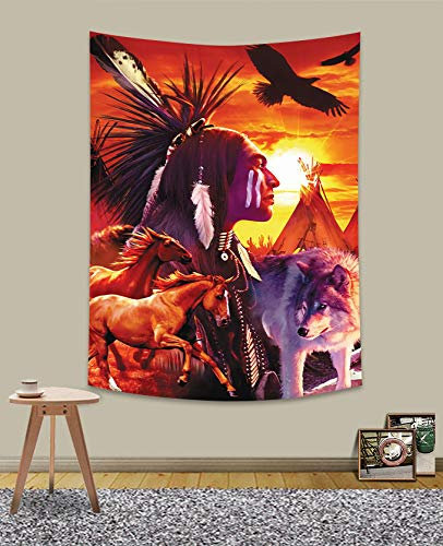 Wandtuch Indianer-Western-Indianer-Mann-Wolf-Pferd Neuheit Wandteppich Langlebig Kunst Wandteppich Für Deko Schlafsaal Balkon,130X150Cm