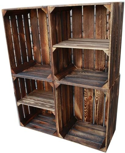 Teramico Cajas de Madera para Frutas, Cajas de Vino flameadas, oscuras, 50 x 40 x 30 cm, en un fantástico Set como estantería o para Almacenamiento (Juego de 4, 2 x Base Corta)