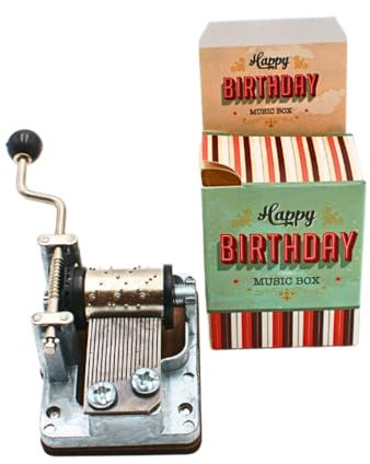 Dekohelden24 Mini Vintage Geburtstags-Musikbox mit Hand-Kurbel - Handkurbel Musikuhr, Melodie: Happy Birthday, Größe L/B/H 4 x 2,5 x 5cm.