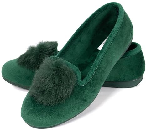 JOMIX Scarpe Ballerine Donna Invernali Ciabatte Ragazze in Velluto Rasato Pantofole Chiuse Eleganti Leggere Pelose Morbide Calde da Casa con Pompom ES2027-9 (Verde, 39)