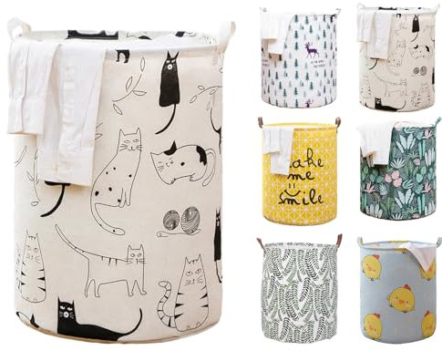 Highdi Cotton Fabric Laundry Hamper, Greenery and Animals Collapsible Laundry Hamper 63L Freestanding Laundry Basket with Handle for Clothes Pillows Blanket Toy (40x50cm,Cats)