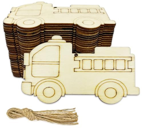 30 Stück unlackierte Feuerwehrautos Holz DIY Handwerk Ausschnitte Holz Feuerwehrauto geformte hängende Ornamente mit Loch Hanfseile Geschenkanhänger