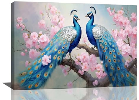 Beynepe Großer Pfau, Wandkunst, blaue Pfauen, Bilder, Wanddekoration, rosa Pfirsichblüte, Landschaft, Pfau, Gemälde, Leinwanddrucke, gerahmte Kunstwerke, Dekorationen für Schlafzimmer, Wohnzimmer,