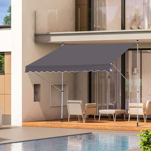 Einziehbare Markise für die Terrasse, verstellbare Pergola-Schattenabdeckung mit Stützstangenständer und UV-beständigem Stoff, für jeden Fenster- oder Türkaffee,Beige,157.4(4M)