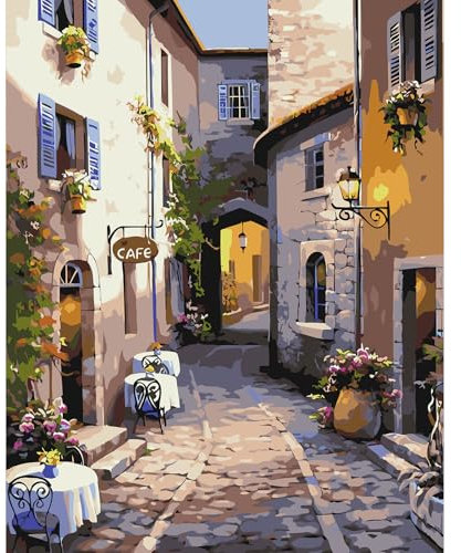 feelive Ville Peinture par Numéro pour Adulte, L'allée Kit de Peinture à l'huile sur Toile Bricolage pour Débutants Avec Pinceau Pigment Acrylique 30x40cm
