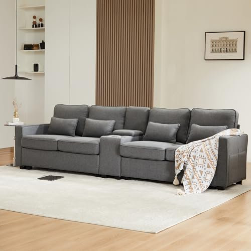 Sofá de 4 plazas,sofá salón Gris Oscuro,Sofá de Tela de Lino de 4 plazas con Consola,2 portavasos,con 2 Puertos USB para Cargar con Cable,con Bolsillos para reposabrazos y 4 Cojines