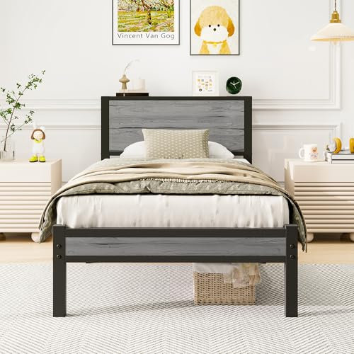 Diahomy Single Bed Frame with Wood Storage Headboard, Metal Platform Bed Single with Storage/Mattress Base/Underbed Storage/No Box Spring Needed/Gray