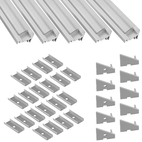 5x A20 LED Aluprofil Silber inkl. Abdeckung Halter Endkappen 2m klar | Komplettset für geschützte LED-Streifen mit Profil , Abdeckung klar, für LED-Streifen