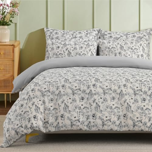Gezu Blumen Bettwäsche 135x200cm Grau Romantisch Blümchen Bettwäsche Tulpe Damen Mädchen 2 Teilig Bettbezug Set Romantisch Weich mit Reißverschluss und 1 Kissenbezug 80x80cm Wendebettwäsche Einzelbett