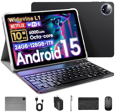 10 Inch Tablet Android 15 with Keyboard, 24GB RAM + 128GB ROM (1TB Expand)