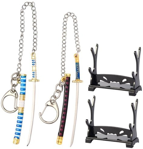 WDKLSJ Mini Katana Schlüsselanhänger Set, 2 Dekorative Schwerter mit Halterung, Sammlerstück Geschenk