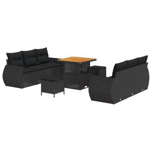 vidaXL 9-teiliges, modulares Gartensofa-Set mit Kissen, schwarzes Poly-Rattan und Akazienholz, Bequeme Sitzgelegenheit für draußen, verstellbare Füße, Terrassenmöbel für die Gartenlaube