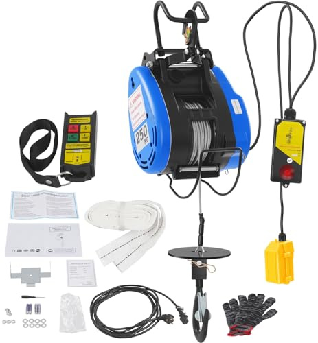 Elektrohebezeug, 1500W Elektrohebezeug mit Drahtloser Steuerung, 30m Stahlseillänge, 250kg, 29m Hubhöhe 19m/min