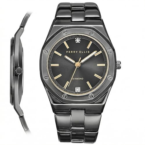 Perry Ellis Schlanke Diamant-Herrenuhr – achteckiges graues Sonnenstrahl-Zifferblatt, Armband aus Gunmetal Legierung, wasserdicht, analog