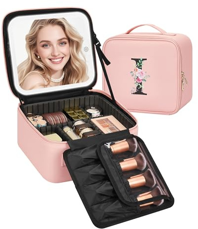 Relavel Trousse de maquillage avec miroir LED - Jolie trousse de maquillage personnalisée pour femme - Rose - Trousse de toilette de voyage - Cadeau pour fille, rose, I
