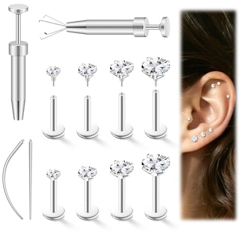 Nymora 16G Piercing Set, 8-teilig: Helix Piercings, Nasenpiercing, Ohr Piercing (6mm & 8mm) aus Chirurgenstahl, inkl. Einführungsnadel für Frauen & Männer