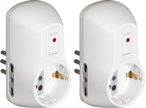 BTicino S3610DB Adattatore Safe Presa Multipla a 3 posti, con 1 Presa Schuko Standard Tedesco, 2 Prese Bivalenti 10/16A e Interruttore Automatico Luminoso di Sicurezza, colore Bianco (Confezione da 2)