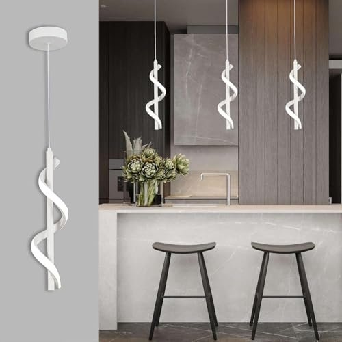 Battery operated minimalist hanging lamp with remote control,spiral pendant light with 6 RGB colors dimmable,wireless hanging lamp no hardwired install,for dining room,kitchen island.etc.(White)