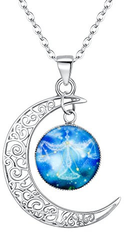 Clearine Collana Argento 925 Oroscopo Zodiaco 12 Costellazione Astrologia Galassia & Mezzaluna Luna Perle di vetro Pendente Bilancia
