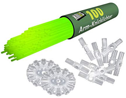KNIXS 100x Arm-Knicklichter in Grün leuchtend inkl. 100 x 3D-Verbinder und je 2 x Ballverbinder und 7-Lochverbinder für Party, Festival, Geburtstag oder als Dekoration, geprüfte Markenqualität