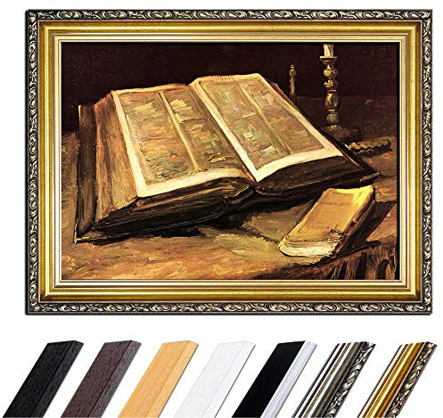 Bilderdepot24 Bild mit Rahmen - Vincent van Gogh Stillleben mit Bibel 80x60 cm - Gerahmtes Leinwandbild Alte Meister - Antiker Rahmen Gold Barock, Klassisch