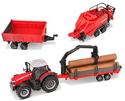 Bburago B18-31668 Tracteur agricole Massey Ferguson 8740S avec 3 remorques Rouge, Motifs et Couleurs Assorties
