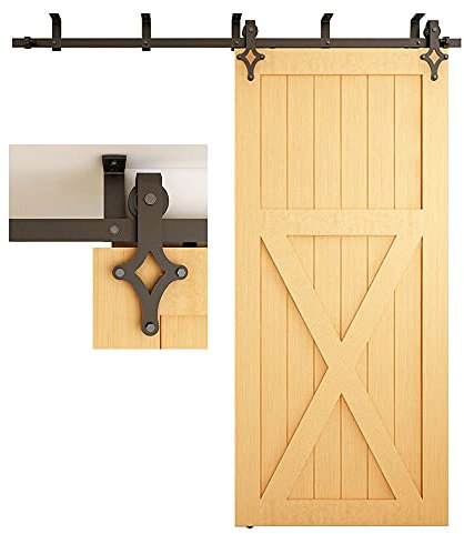 TSMST 5FT/152cm Kit de Quincaillerie Pour Porte de Grange Coulissante Pour Montage au Plafond, avec Support de Plafond en Forme de L, Adapté à une Porte en Bois Unique,Style Losange