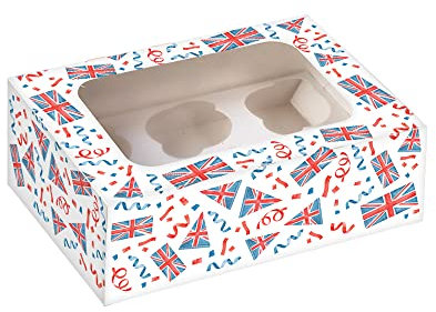 Anniversary House British Patriotic Summer Cupcake Box with Window - dessert boxes with Removable 6 Hole Insert and Union Jack Flag Print - 7.5 x 16 x 23cm, Kings Coronation Decorations, J133