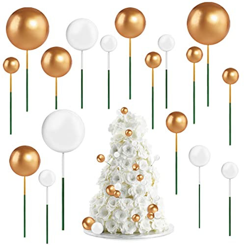 66pcs Balls Cake Topper Foam Ball Cake Picks Mini Balloons Cake Toppers Cupcake Pearl Ball Cake Pick DIY Birthday Cake Insert Topper for Wedding Birthday Cake Decoration(Gold, White)