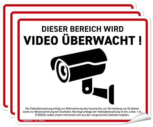 HAGEFOL® Aufkleber Videoüberwachung, 3 Stück (15x12 cm - klein) mit DSGVO Hinweis, Luftkanalfolie: blasenfrei kleben, Kamera Warnhinweis für Überwachungskamera oder Kamera Attrappe