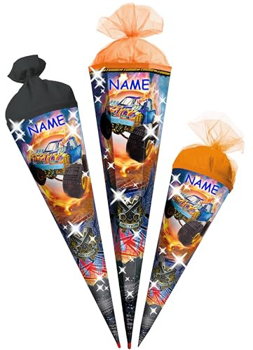 alles-meine.de GmbH Schultüte - Monstertruck - Auto - 35-100 cm - Größe wählbar - mit Holzspitze - Zuckertüte - inkl. Name - Zuckertüte - Tüllabschluß - Filzabschluß - eckig - ..