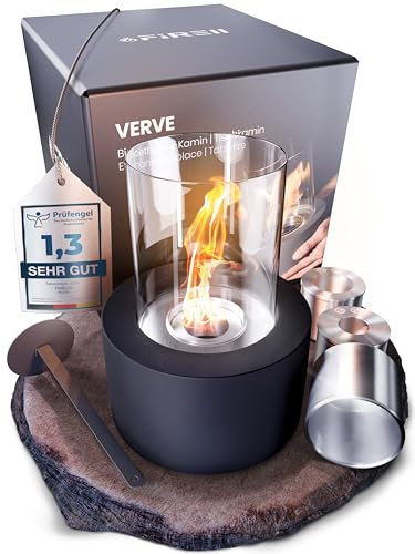 Firell Bioethanol Tischkamin schwarz aus [massivem Beton] - Ethanol Tischfeuer Indoor & Outdoor | Tischofen wärmend mit 3h Brenndauer | sicheres Tisch Kamin Feuer Wohnzimmer Terrasse Garten Balkon
