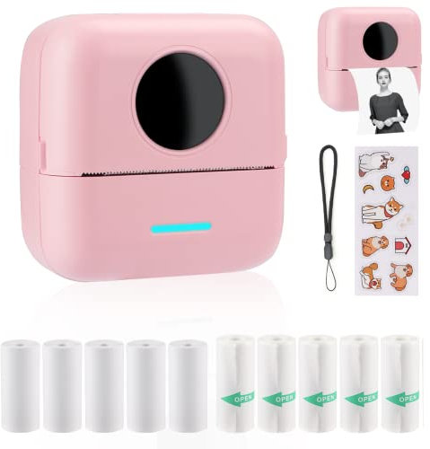 HuiJuKeJi Mini Printer, Portable Printer with Sticker and 10 Rolls of Thermal Paper and Self-Adhesive Thermal Paper Built-in 1200mAh Battery Inkless Photo for Android IOS (X5 Pink)