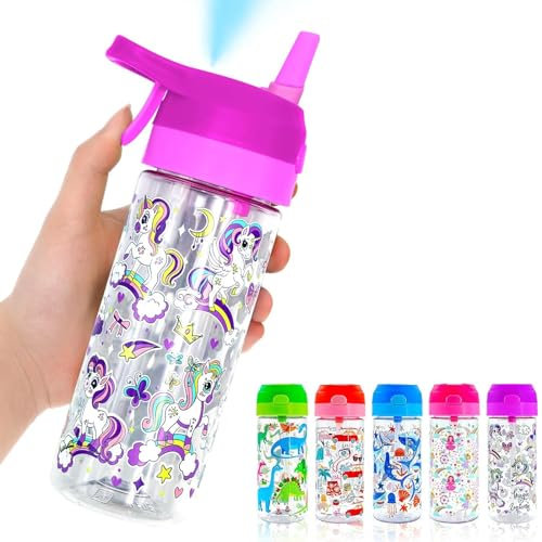Newthinking Kids Water Bottle with Spray Mist, 420ml Portable Kids Spray Drinking Bottle for Boys Girls School Cool Down and Hydrate (Purple)