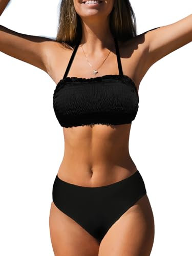 CUPSHE Damen Bikini Set Neckholder Bandeau Gesmokte Bademode Abnehmbare Träger Mid Waist Zweiteiliger Badeanzug Swimsuit Schwarz S