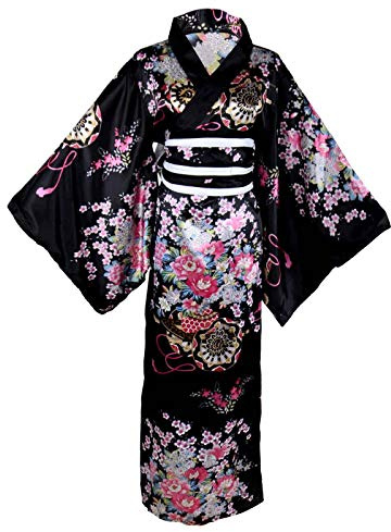 Langes Kimono-Kostüm für Damen, Blumenmuster, japanische Geisha-Yukata-Robe, Kleid, Obi-Gürtel, Bademantel-Outfit