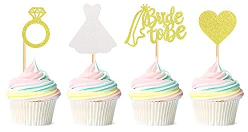 Blumomon 24 Stück Glanz Braut Cupcake Toppers Diamant Herz Kleid Kuchen Toppers für Brautdusche Bachelorette Party Supplies Verlobungsdekorationen